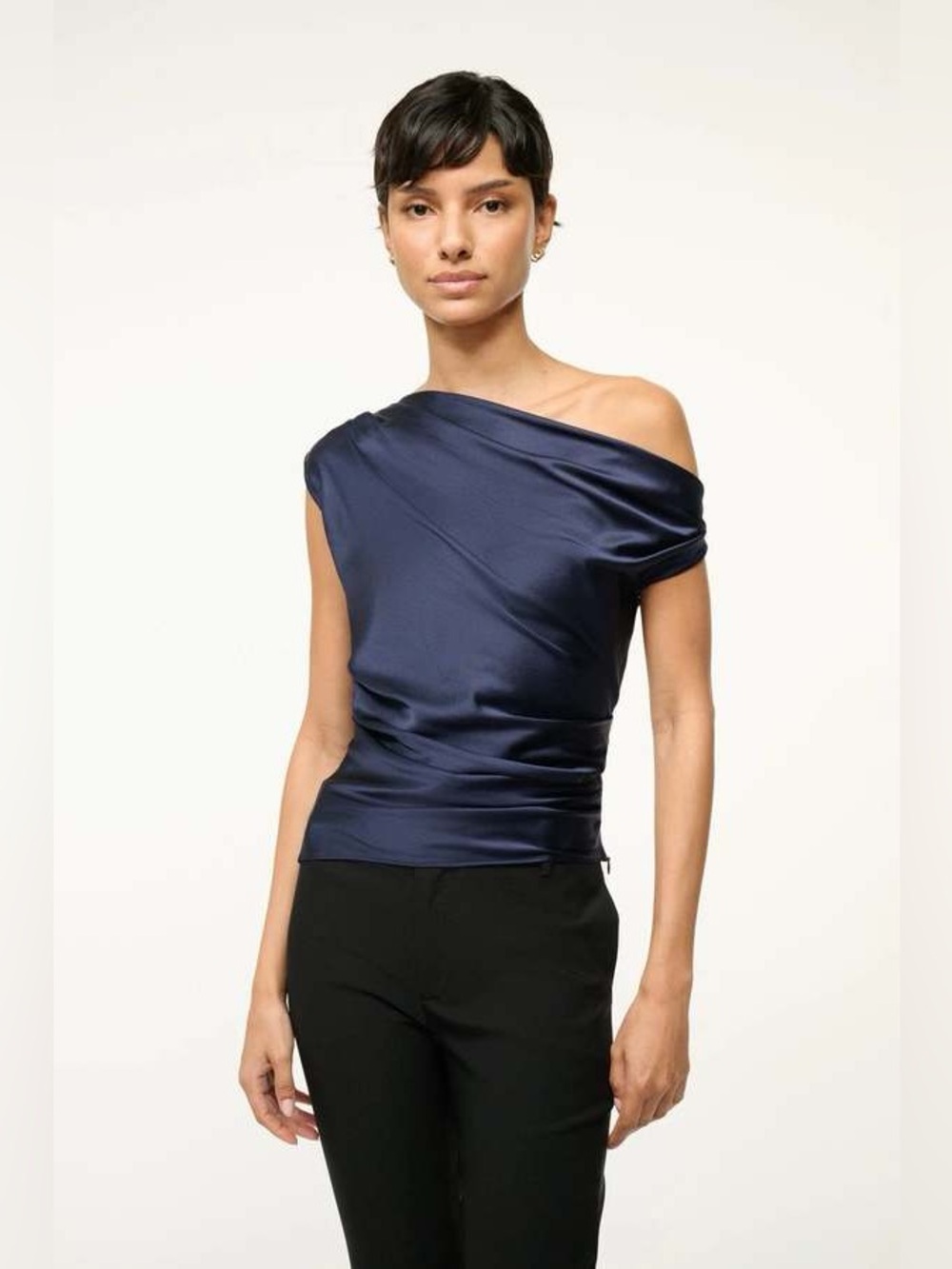 Staud 2 Phare Silk Off Shoulder Top Navy Blue